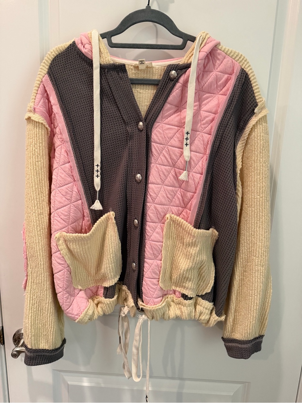 NWOT POL Pink Quilted Mixed Media Hooded Jacket Cardigan Size S